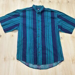 Vintage Impact Shirt Mens XL Blue Green Striped Short Sleeve Button Up Cotton
